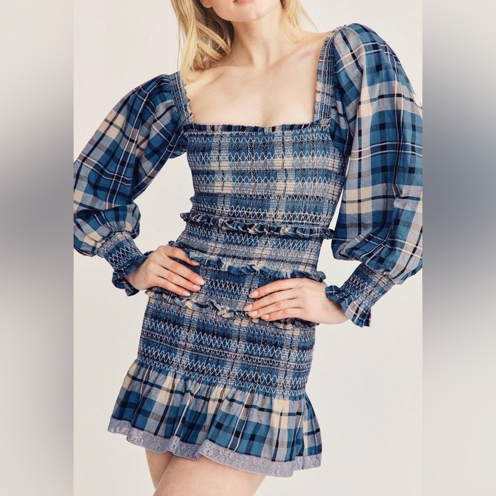 LoveShackFancy Blue Plaid Puff Sleeve Dress
